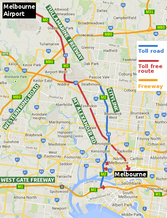 Map of driving routes from Melbourne Airport to Melbourne CBD